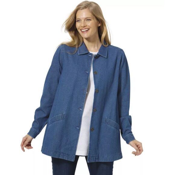 WOMAN WITHIN Dark Denim Plus Sz 30/32 Pleated Back Cotton Jacket Pockets NEW NWT - Picture 1 of 5